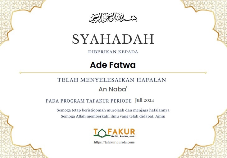 Syahadah Kelulusan Resmi Program Bimbingan Tafakur